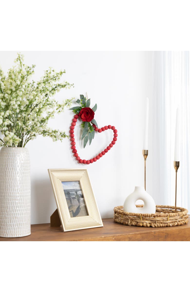 Northlight Wooden Beads with Rose Valentine's Day Heart Wall Decoration - 10.25" - Red, Alternate, color, Red