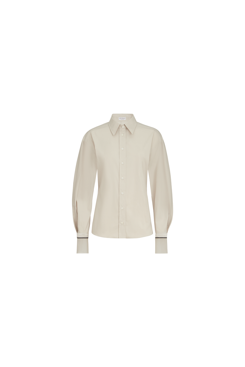 Stretch cotton poplin shirt with shiny silk cuffs, Alternate, color, Ivory