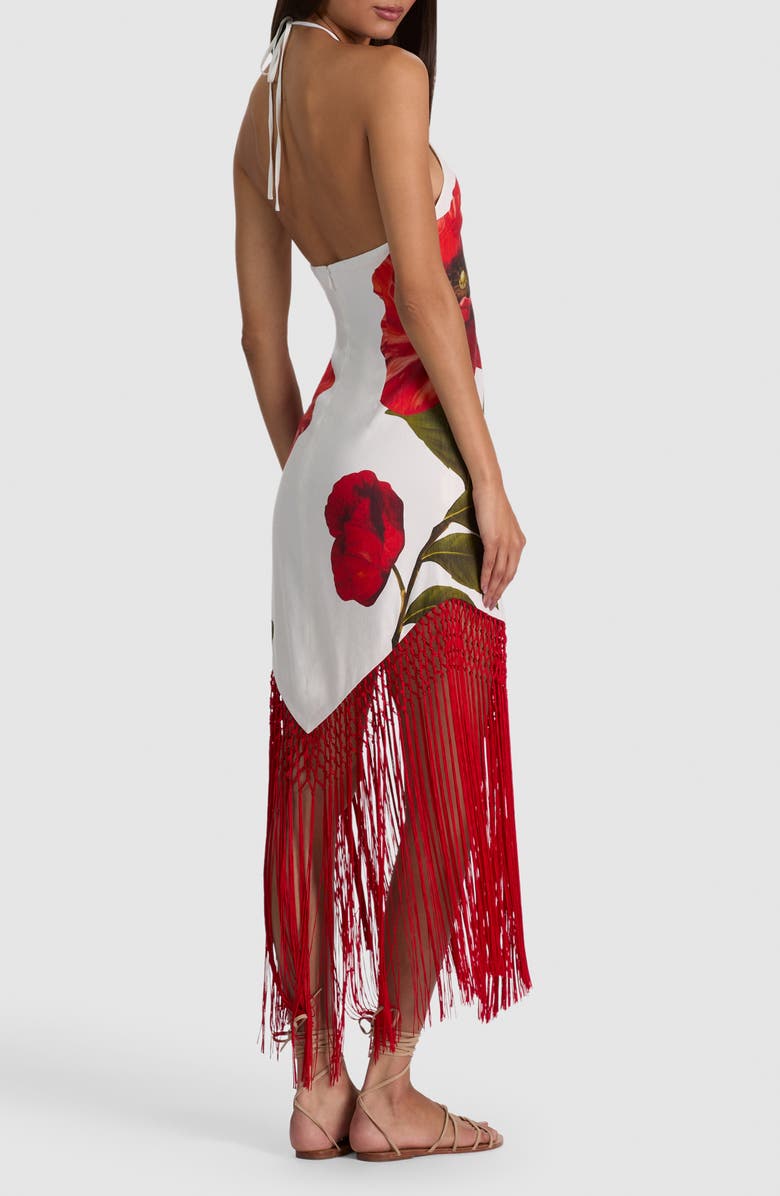 Alice + Olivia Mallory Fringe Halter Linen Blend Maxi Dress, Alternate, color, Summer Poppy