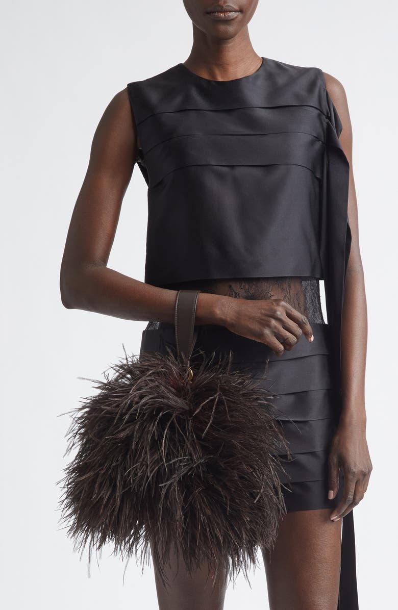 FERRAGAMO Double Gancini Ostrich Feather & Leather Clutch, Alternate, color, T.moro Testa Di Moro 099
