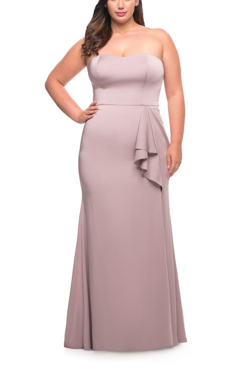 La Femme Strapless Plus Size Dress With Ruffle Slit Detail In Mauve