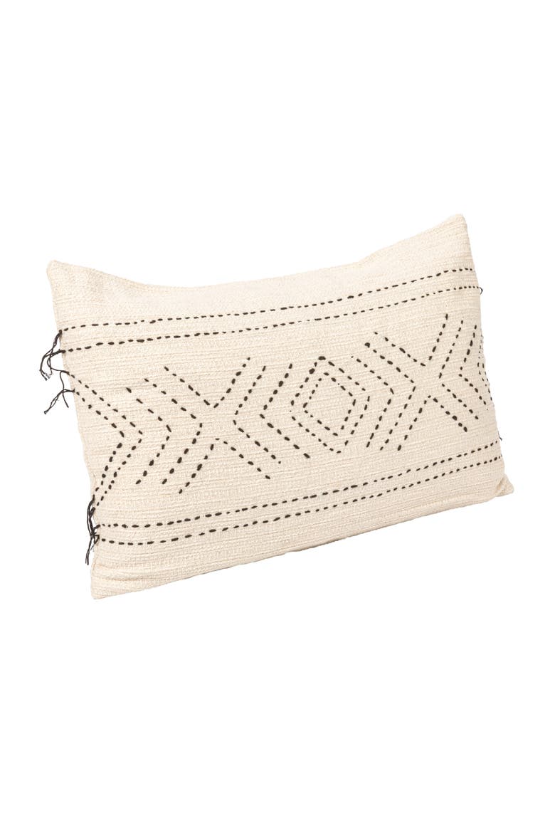 24 Inches Hand-Embroidered Cotton Lumbar Pillow with Kantha Stitch, Main, color, Natural