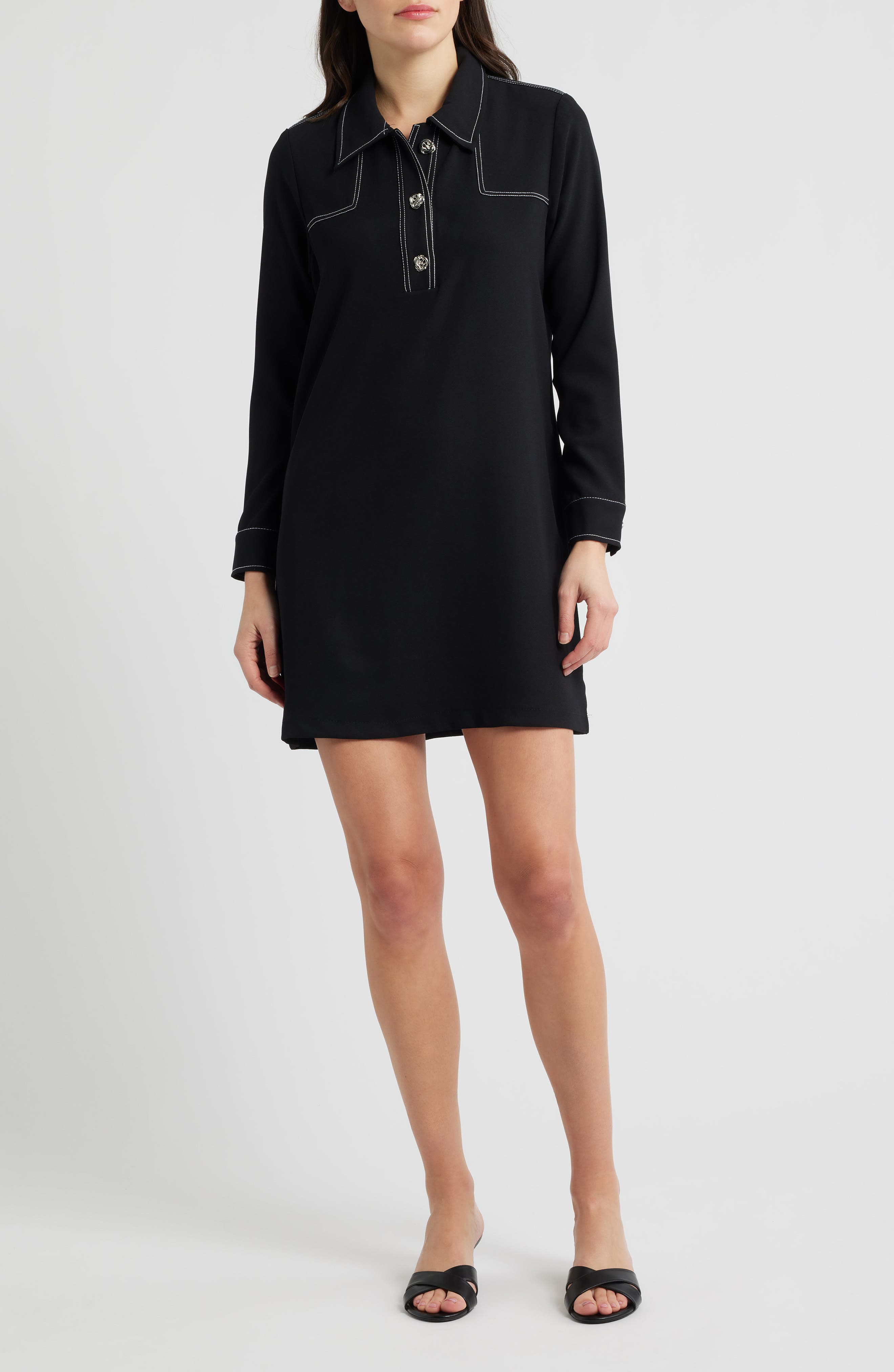 Contrast Long Sleeve Mini Shirtdress