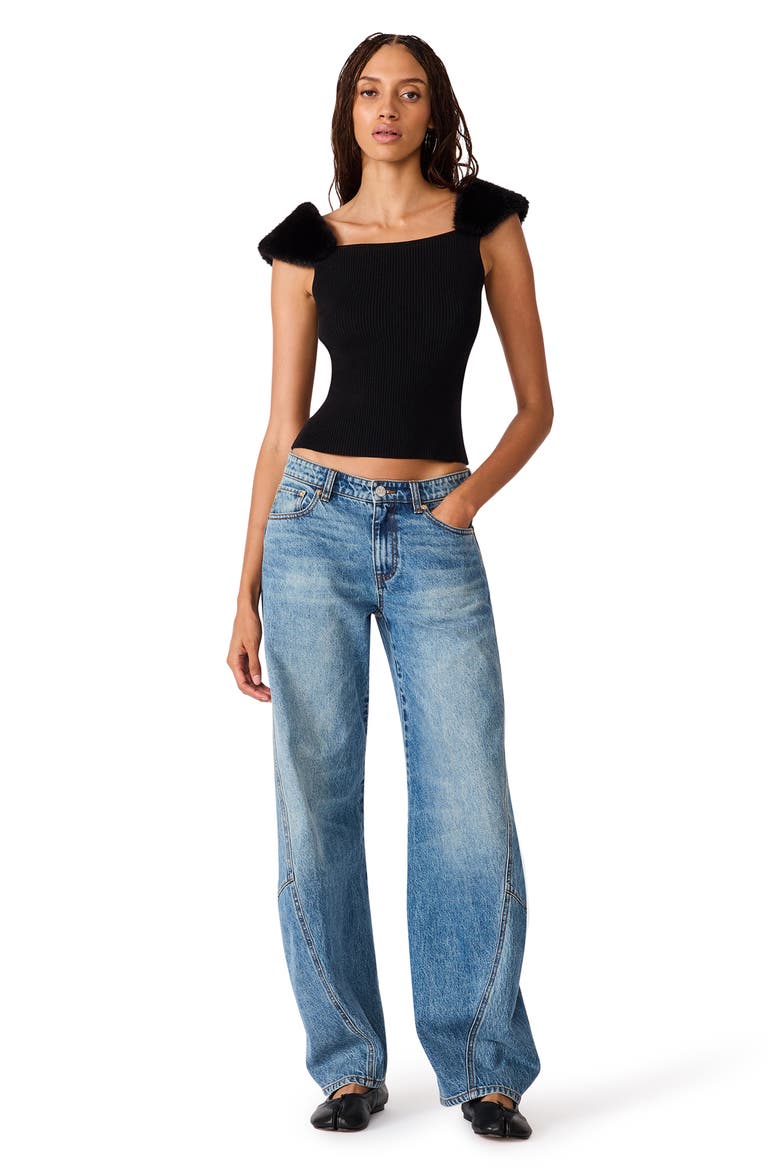 Madelyn Faux Fur Trim Sweater Top, Alternate, color, BLACK