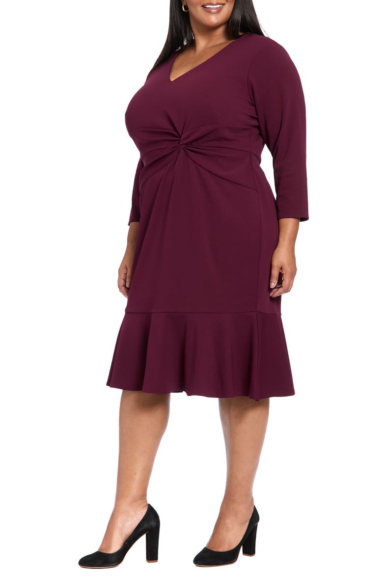 London Times Twist Front Flounce Hem Midi Dress, Alternate, color, Arst Burgundy