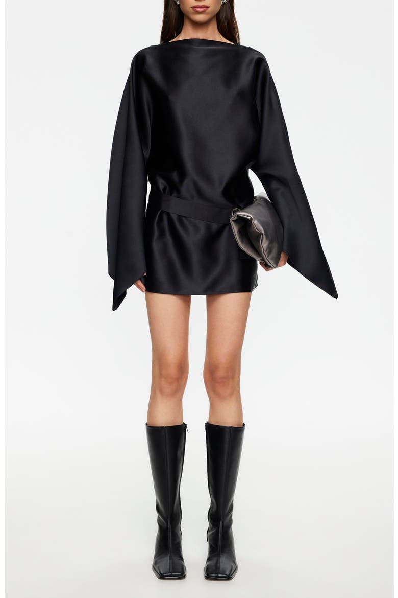 Touch Long Sleeve Satin Minidress, Main, color, NOIR