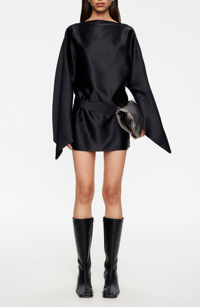 LIONESS Touch Long Sleeve Satin Minidress, Main, color, Noir