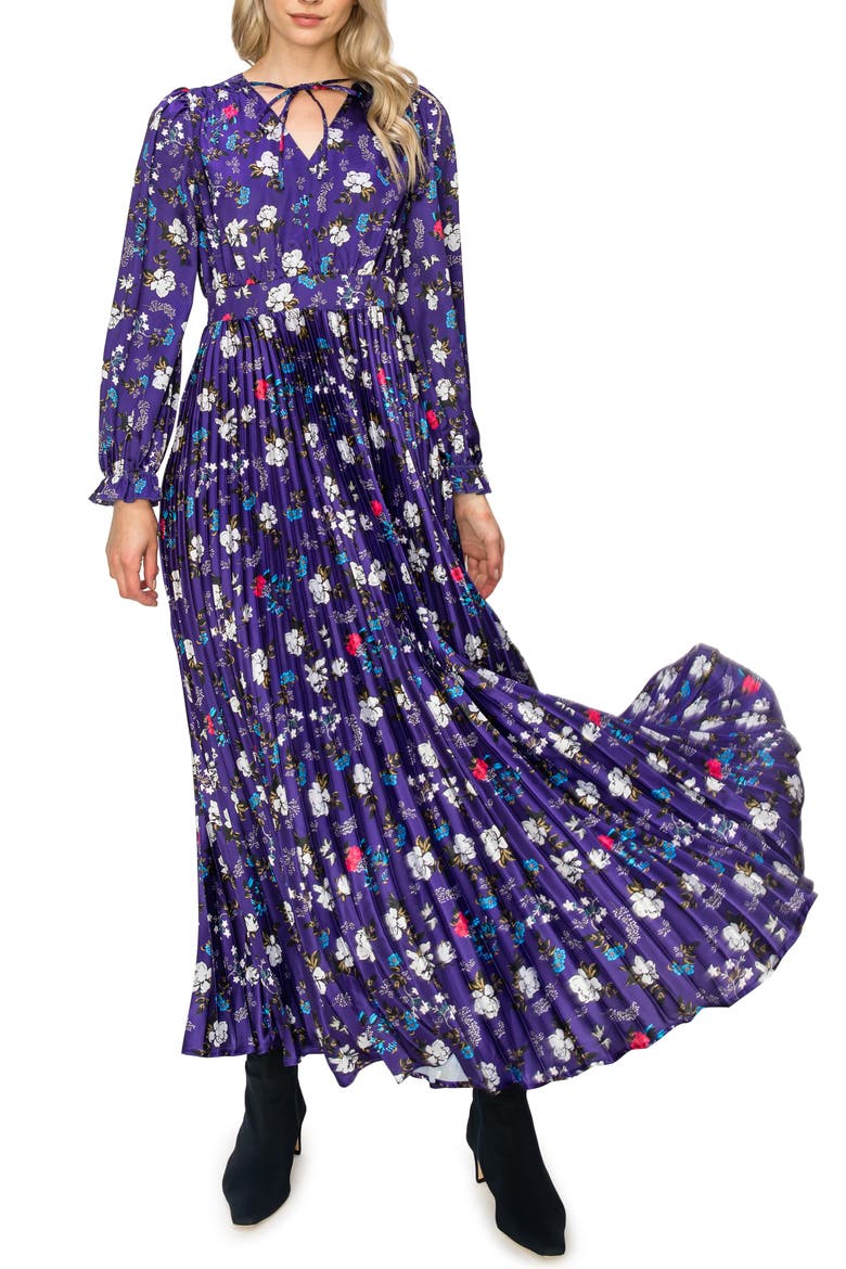 Floral Long Sleeve Pleat Satin Dress, Main, color, PURPLE PRINT