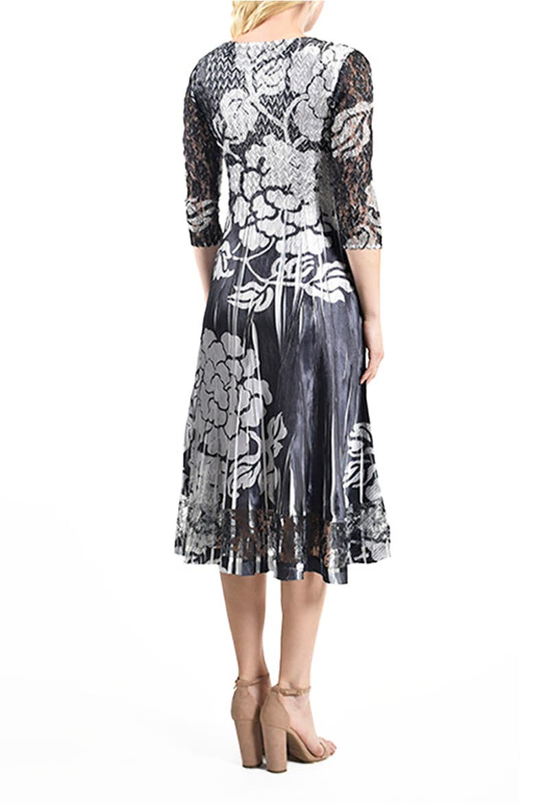 Silver Stencil Printed Charmeuse 3/4 Sleeve Dress, Alternate, color, Black/Silver Brocade