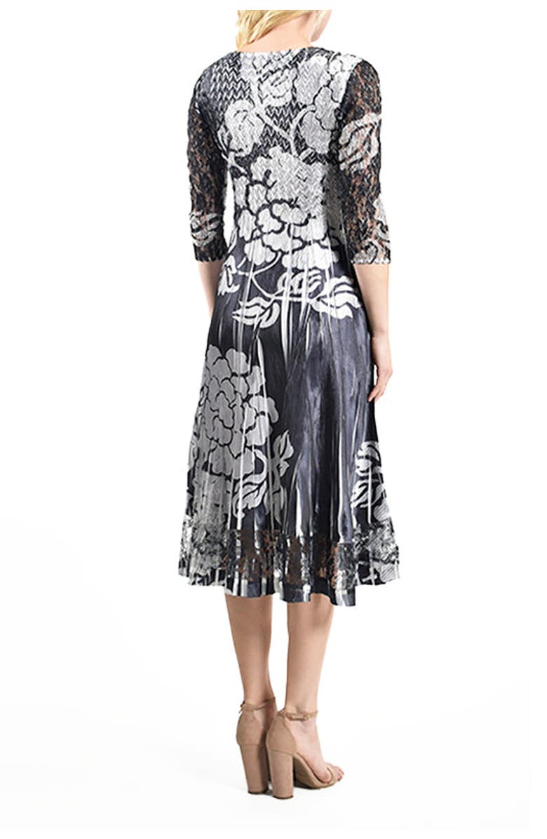 Komarov Silver Stencil Printed Charmeuse 3/4 Sleeve Dress, Alternate, color, Black/Silver Brocade