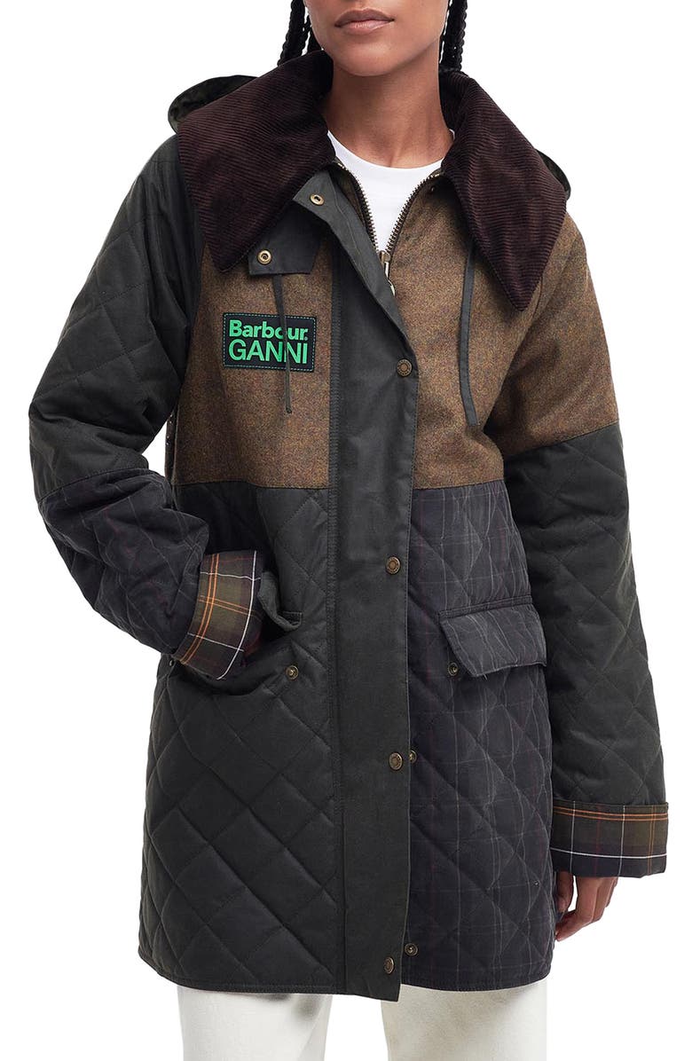BARBOUR X GANNI Burghley Hooded Wool Contrast & Waxed Cotton Jacket, Main, color, 