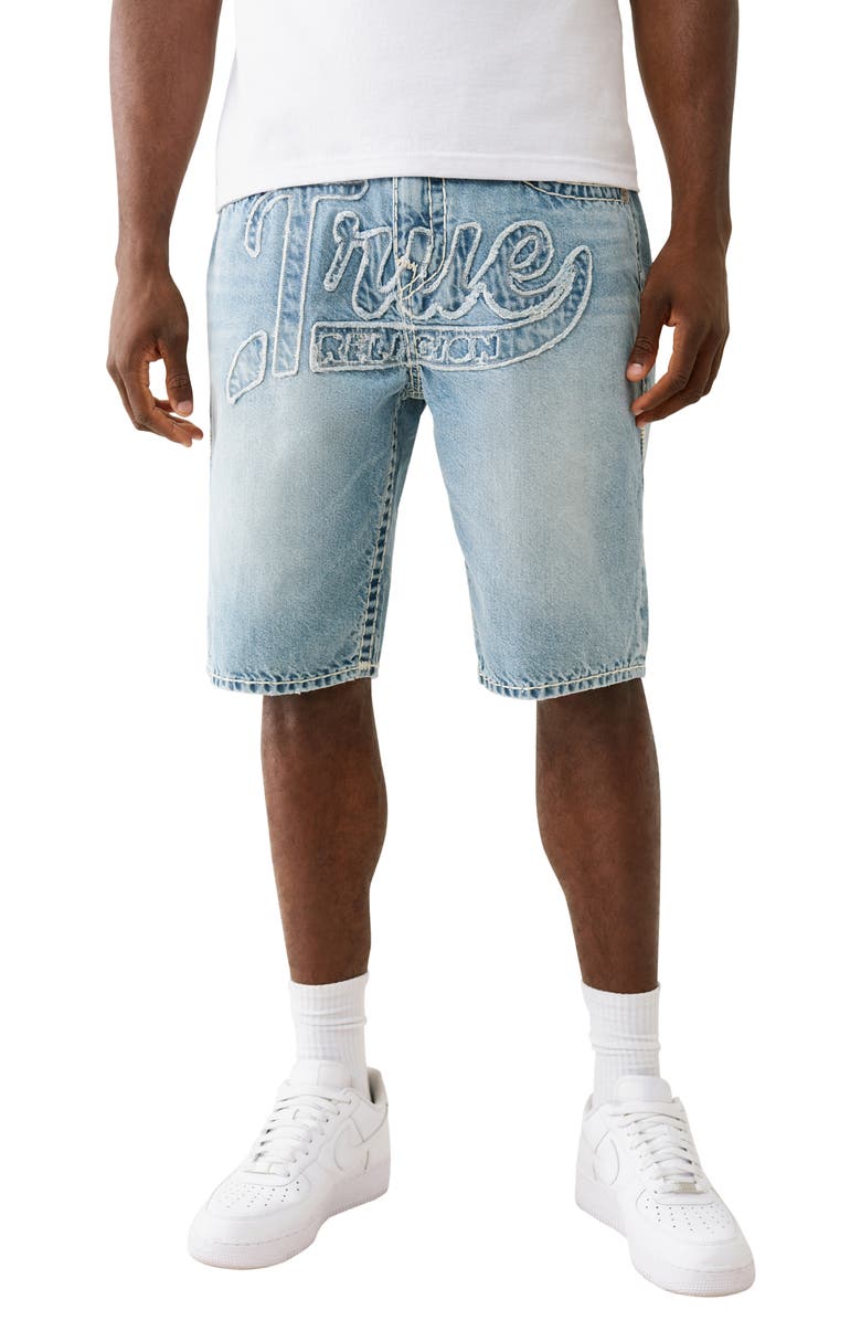 True Religion Bobby Logo Appliqué Super T Denim Shorts, Main, color, Beached Out Medium Wash