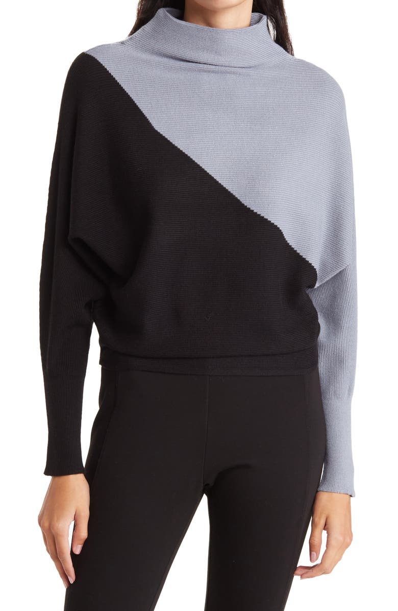 T Tahari Diagonal Colorblock Mock Neck Dolman Sweater, Main, color,