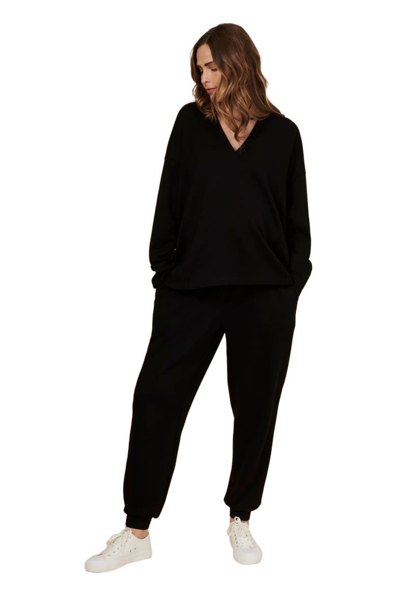 V-Neck Pullover Scuba Knit Hoodie, Main, color, Black