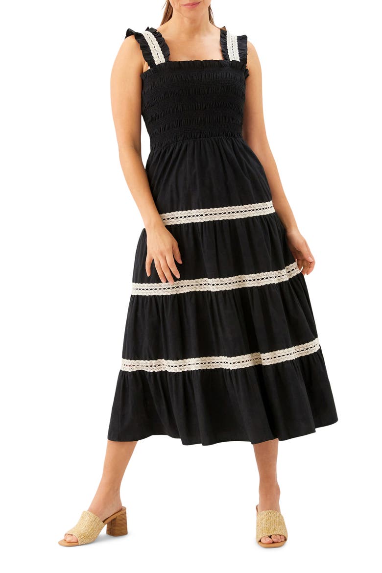 Tiered Midi Dress, Main, color, BLACK W/ NATURAL