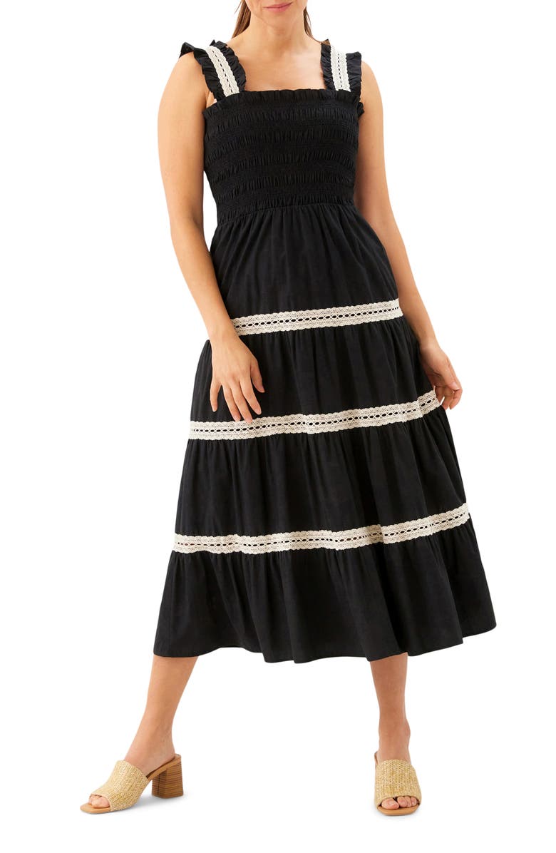 Karen Kane Tiered Midi Dress, Main, color, Black W/ Natural