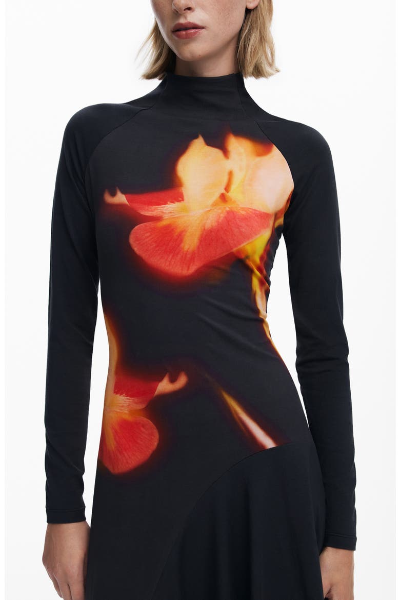 Asymmetric Long Sleeve Stretch Cotton Dress, Alternate, color, BLACK