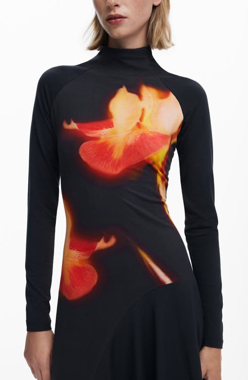 Desigual Asymmetric Long Sleeve Stretch Cotton Dress In Black