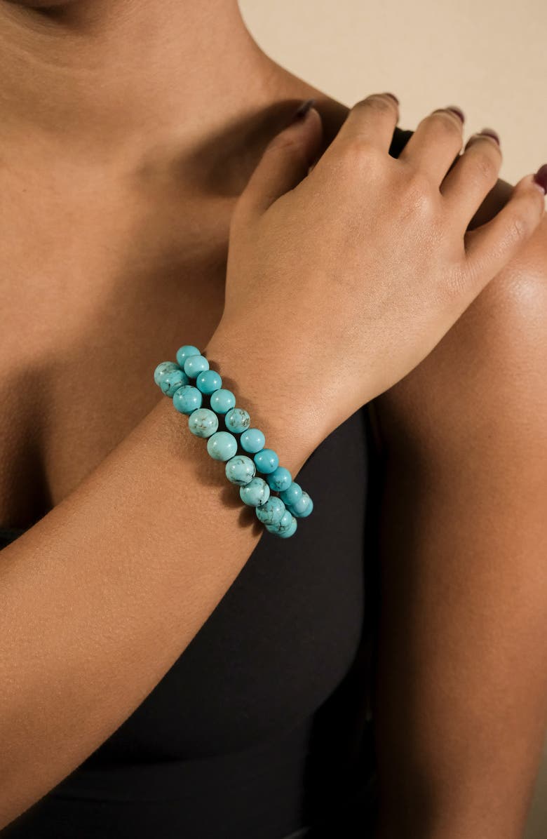 Sterling Forever Turquoise 2-Pack Beaded Stretch Bracelets, Alternate, color, Dark Turquoise