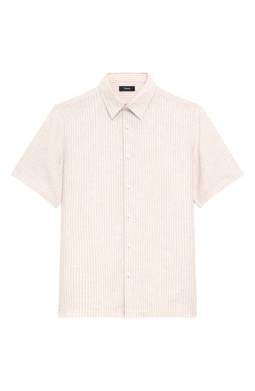 Theory Irving Stripe Short Sleeve Linen Button-up Shirt