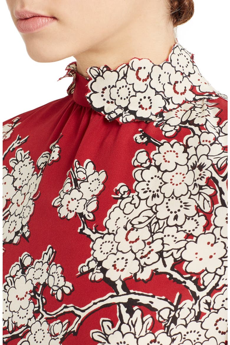 'Enchanted' Floral Print Stretch Silk Dress, Alternate, color, DEEP RED