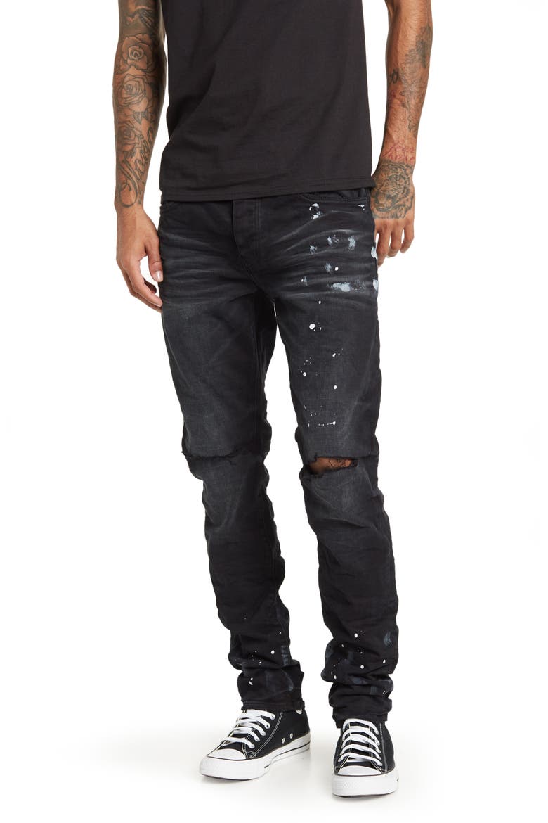 Paint Splatter Ripped Knee Skinny Jeans, Main, color, BLACK RESIN KNEE SLIT122