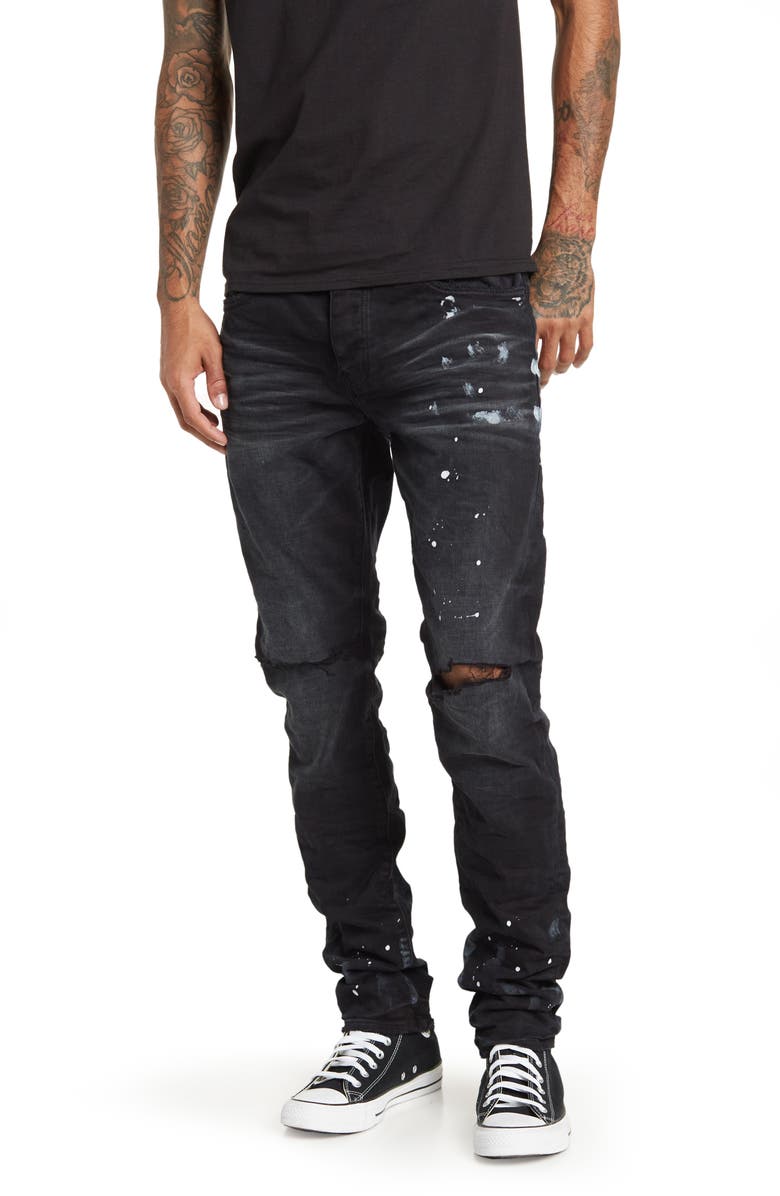 PURPLE BRAND Paint Splatter Ripped Knee Skinny Jeans, Main, color, Black Resin Knee Slit122