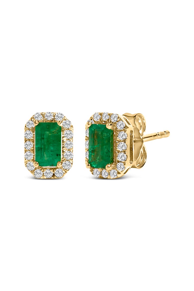 14K Yellow Gold Green Emerald and 1/8 Ct Diamond Halo Octagonal Stud Earrings, Alternate, color, Yellow