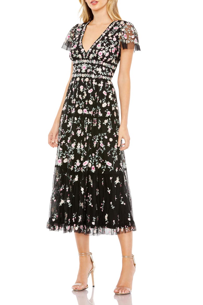 Embroidered V Neck Cap Sleeve Midi Dress, Main, color, BLACK MULTI