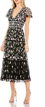 Mac Duggal Embroidered V Neck Cap Sleeve Midi Dress