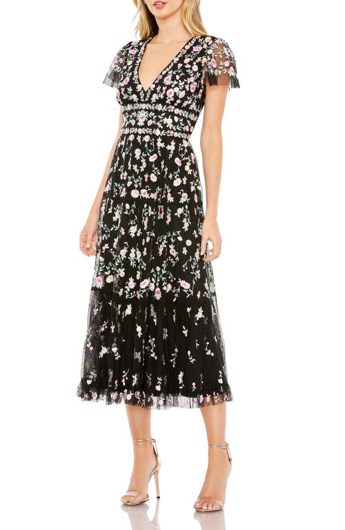 Mac Duggal Embroidered V Neck Cap Sleeve Midi Dress in Black Multi at Nordstrom, Size 10
