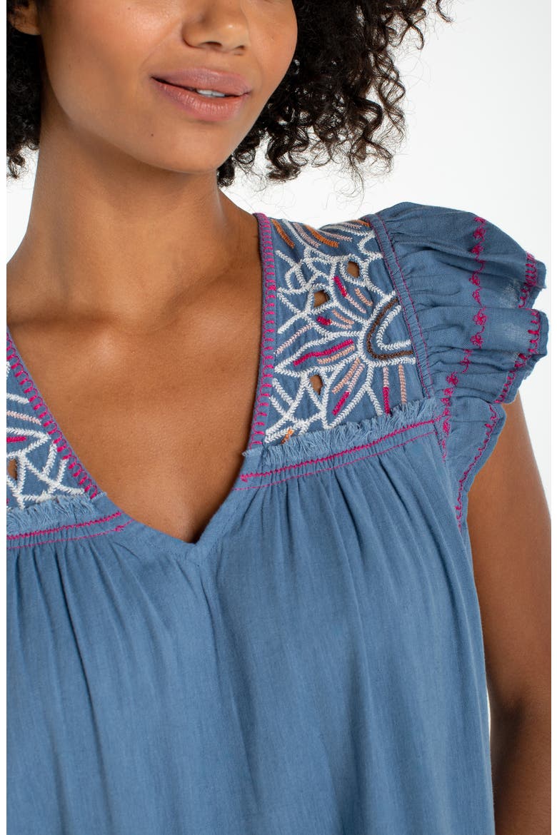 Embroidered Flutter Sleeve Denim Dress, Alternate, color, SLATE BLUE W EM