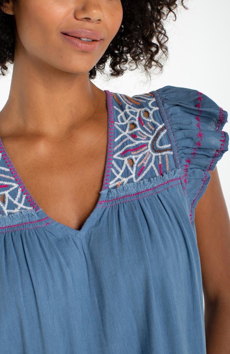 Liverpool Los Angeles Embroidered Flutter Sleeve Denim Dress, Alternate, color, Slate Blue W Em