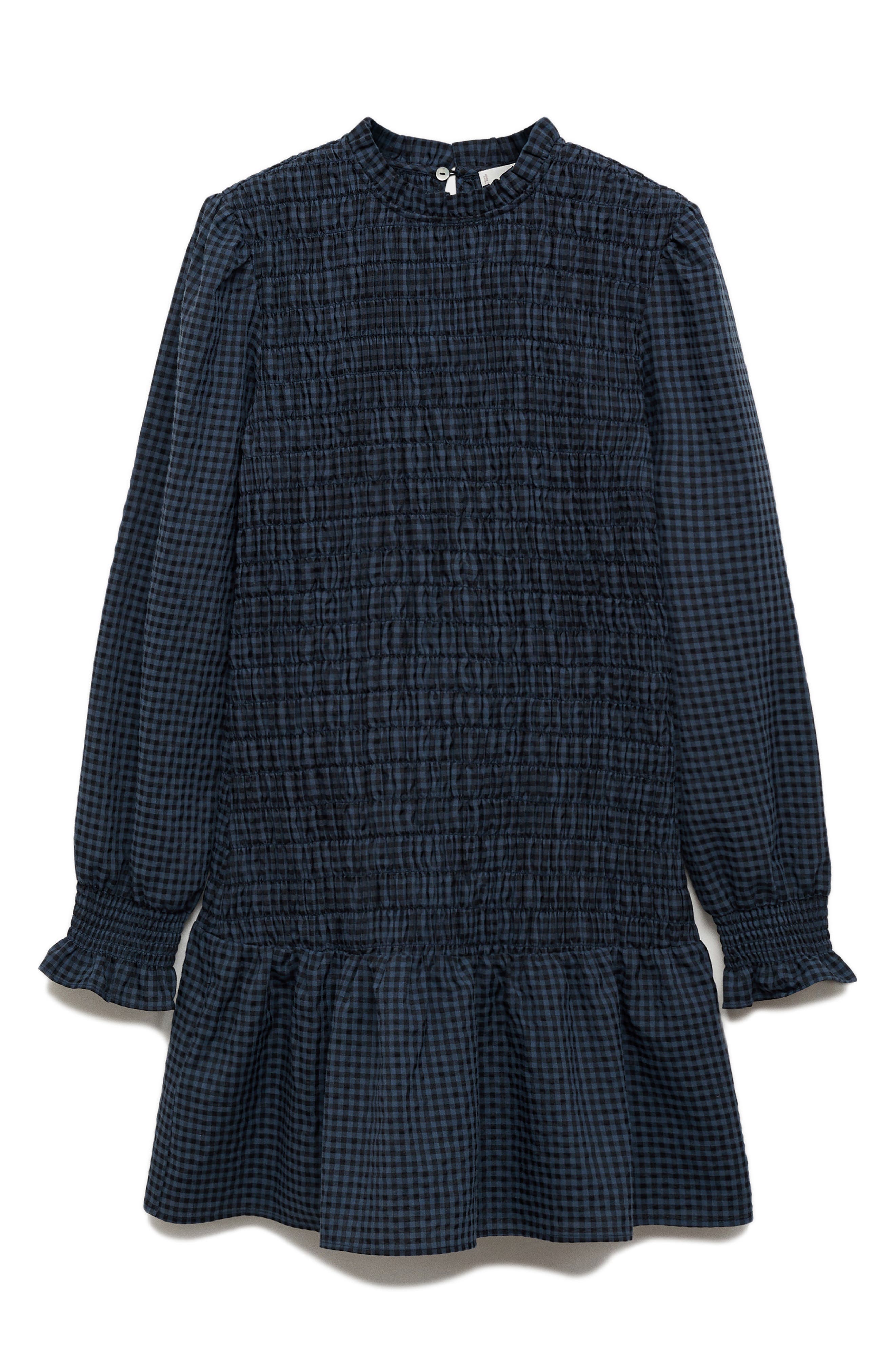 Mango Teen Smocked Plaid Long Sleeve Dress In Blue