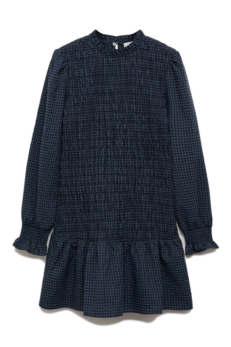 Smocked Plaid Long Sleeve Dress, Main, color, BLUE BLACK