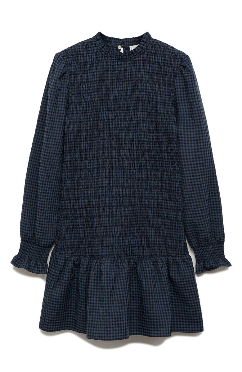 MANGO TEEN Smocked Plaid Long Sleeve Dress, Main, color, Blue Black