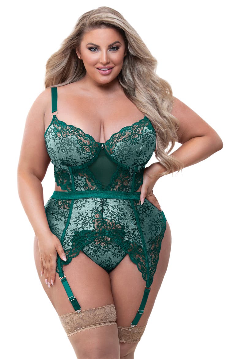 Lace Basque & Thong Set, Alternate, color, GREEN