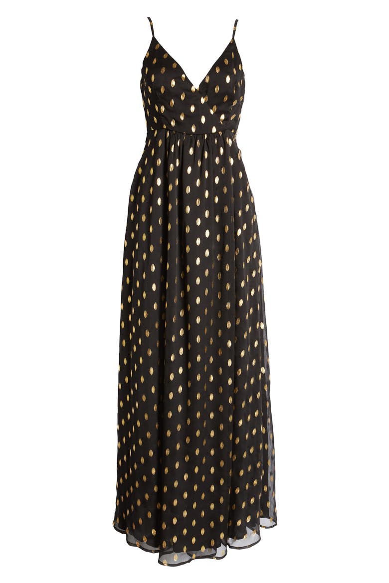 Galaxy Lights Polka Dot Sleevleees Maxi Dress, Alternate, color, BLACK AND GOLD