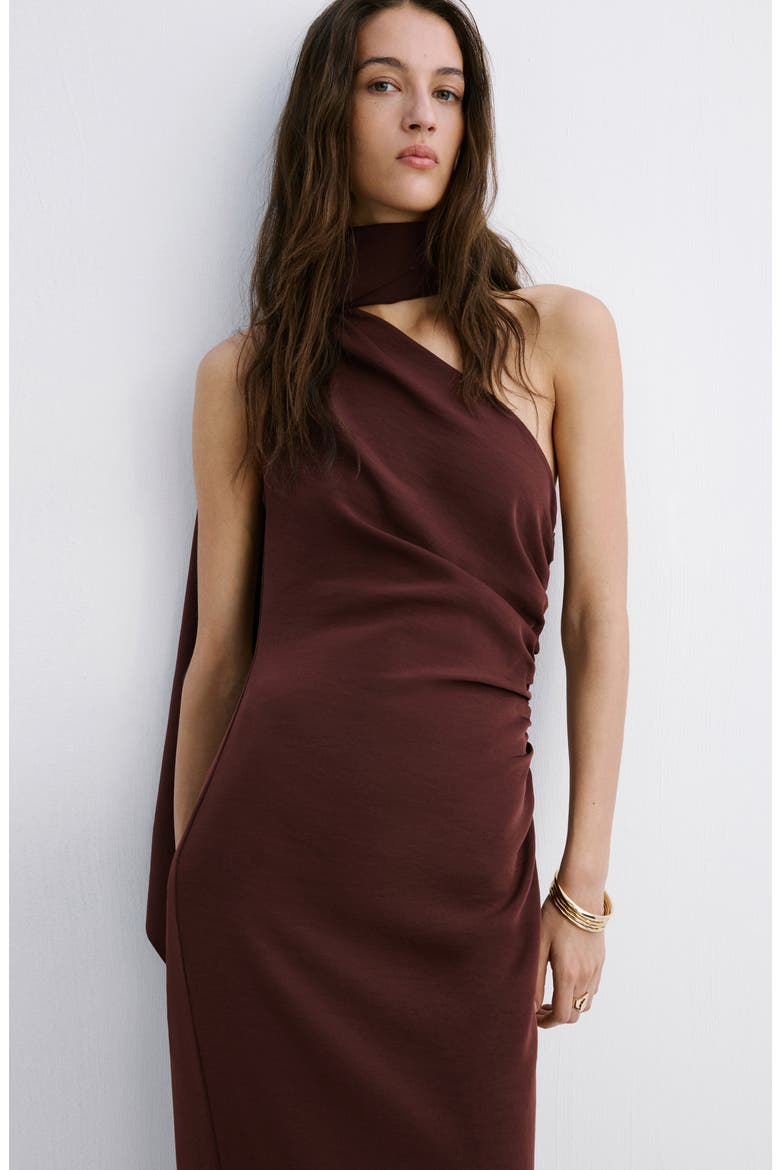 Scarf Neck One-Shoulder Dress, Alternate, color, BROWN