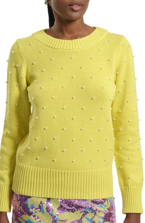Faux Pearl Accent Cotton Crewneck Sweater