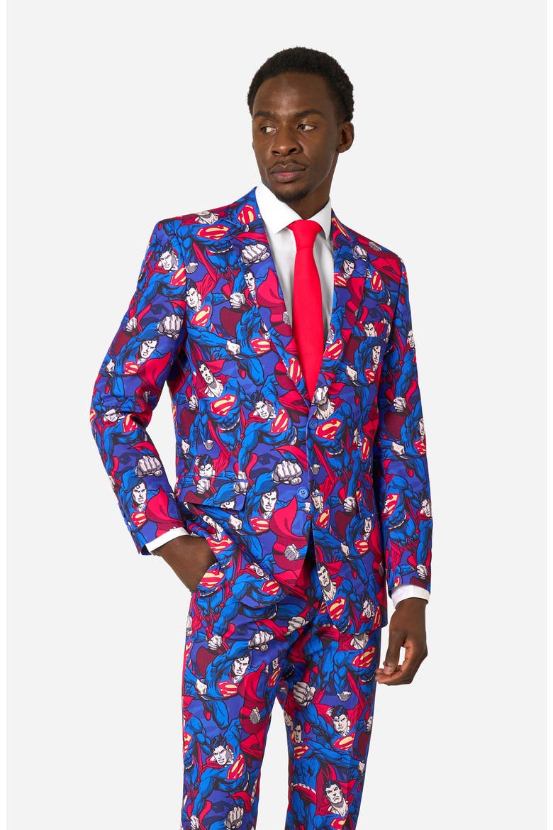 x Superman The Man of Steel Slim Fit Two-Piece Suit & Tie Set, Alternate, color, BLUE MULTI
