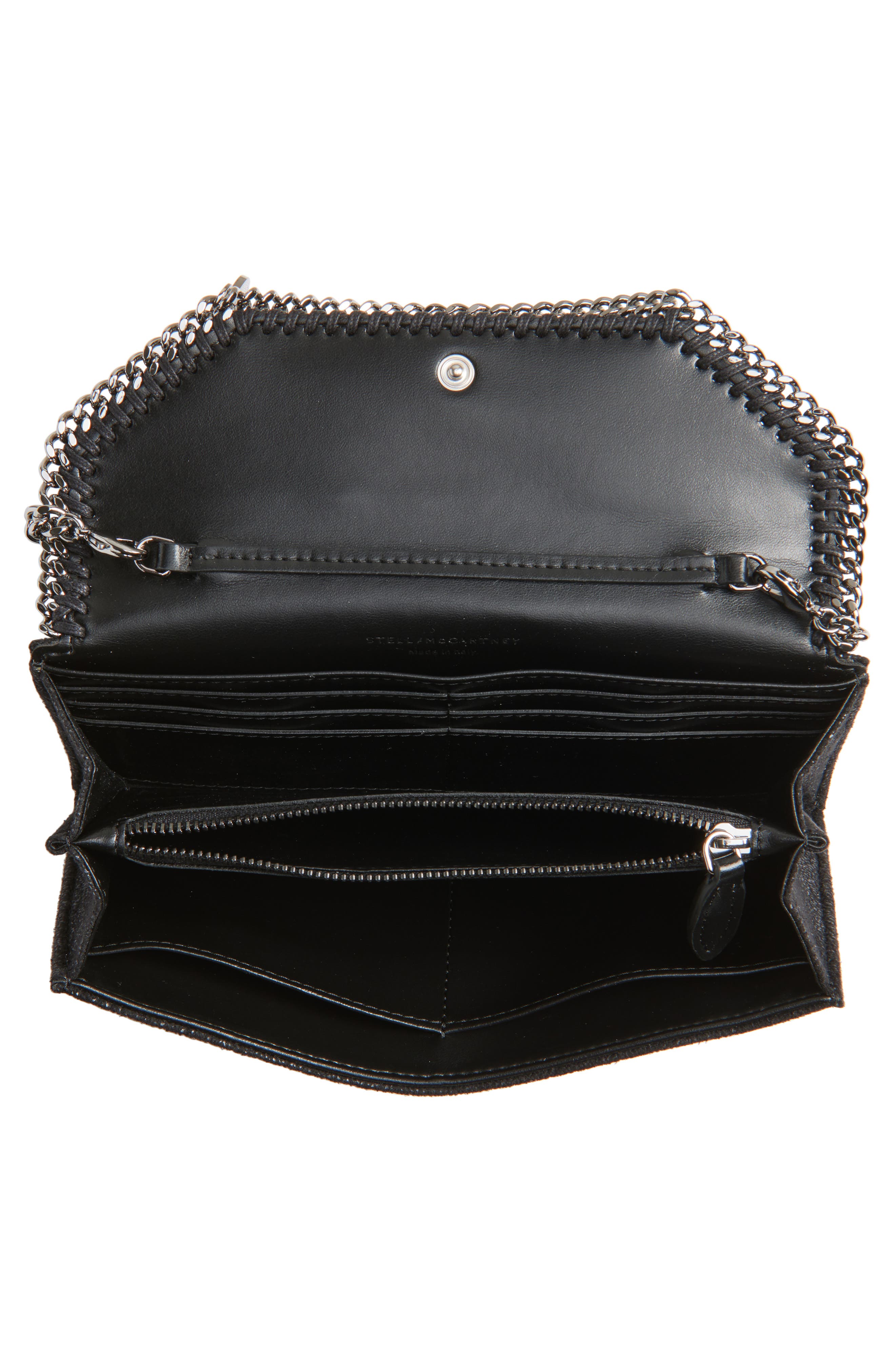 Falabella Shaggy Faux Leather Wallet on a Chain, Alternate, color, BLACK