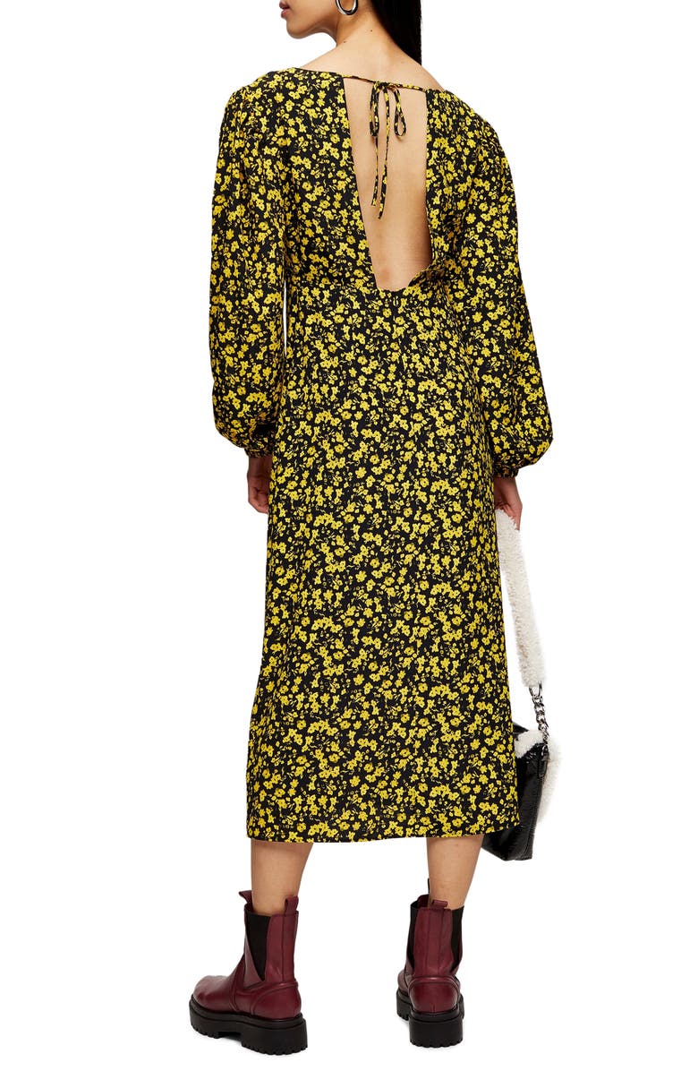Topshop Floral Godet Twist Front Long Sleeve Midi Dress, Alternate, color, 