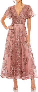 Mac Duggal Flutter Sleeve Faux Wrap V Neck Embellished Tea Length Dress