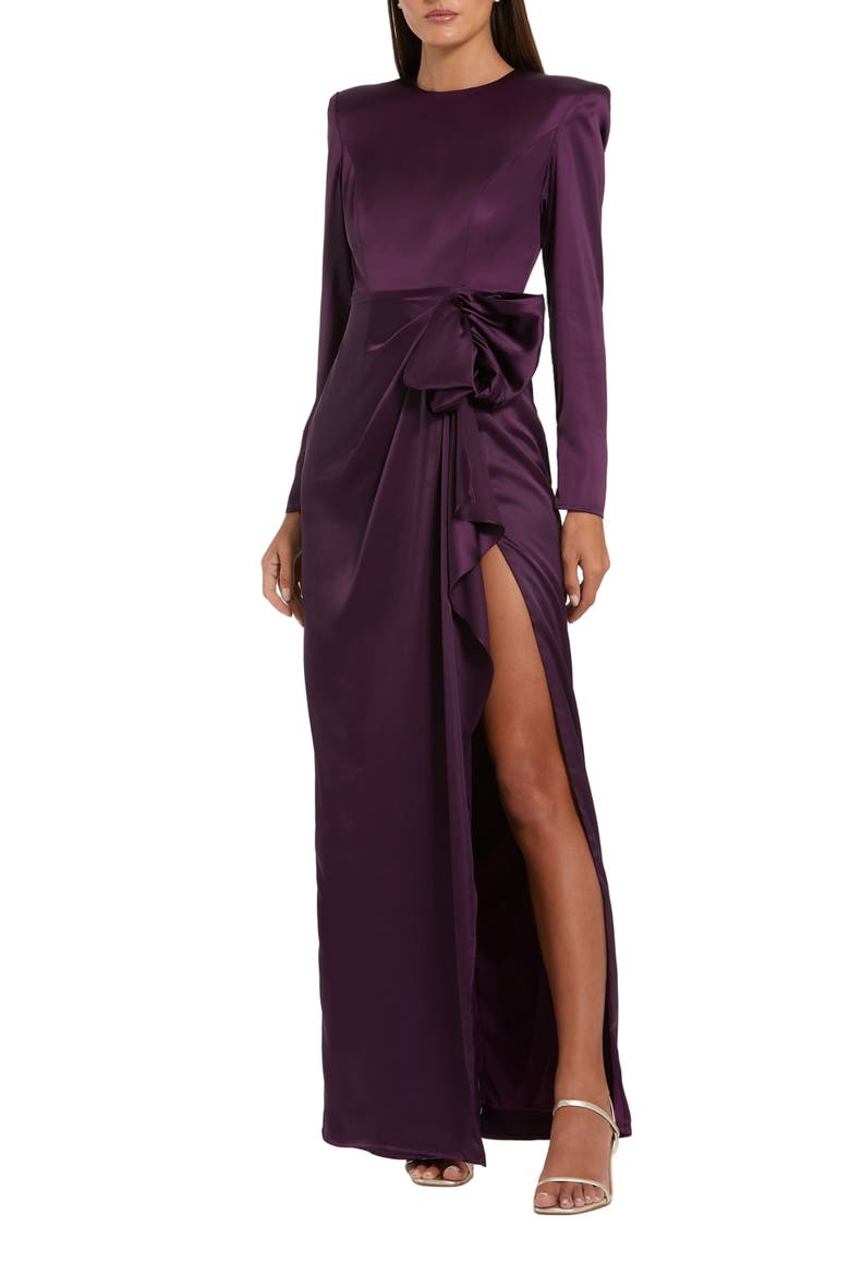 Women's Long Sleeve Satin Structured Bow Draped Column Gown, Main, color, Eggplant