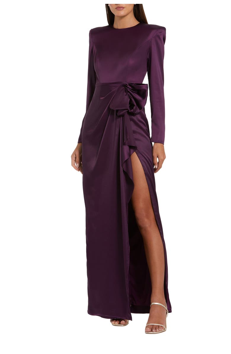 Mac Duggal Women's Long Sleeve Satin Structured Bow Draped Column Gown, Main, color, Eggplant