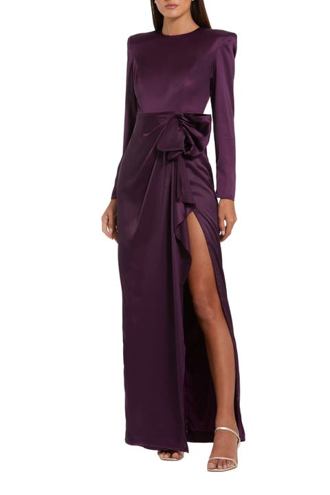 Women's Long Sleeve Satin Structured Bow Draped Column Gown