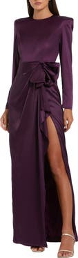 Mac Duggal Women's Long Sleeve Satin Structured Bow Draped Column Gown