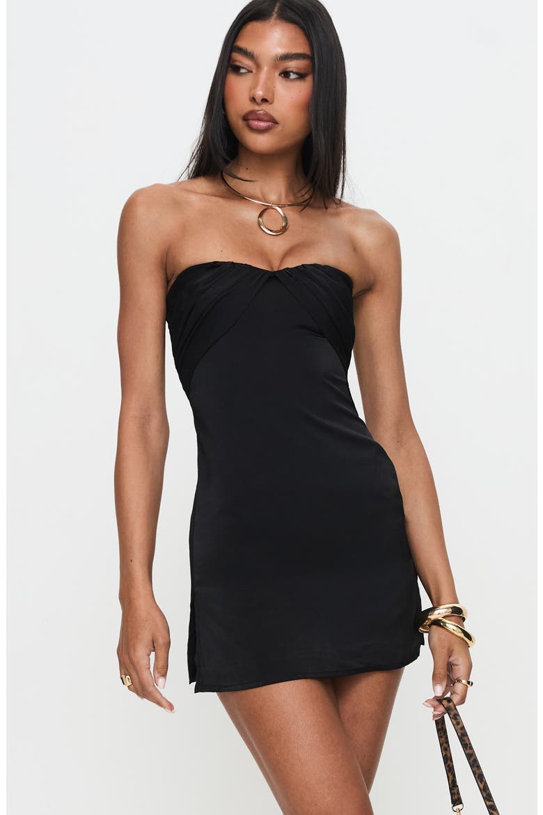 Irena Strapless Satin Minidress, Alternate, color, BLACK