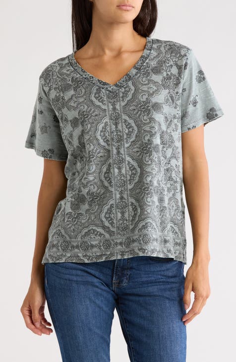 Print V-Neck Cotton T-Shirt